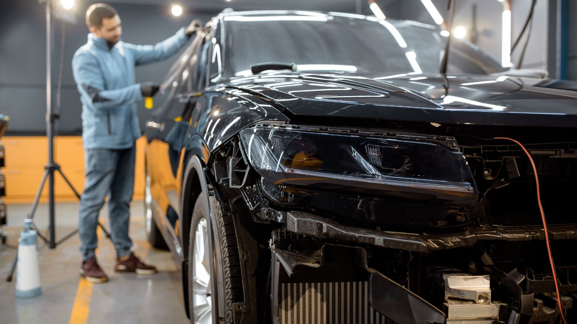Black car in auto repair shop with technician checking body and detailing